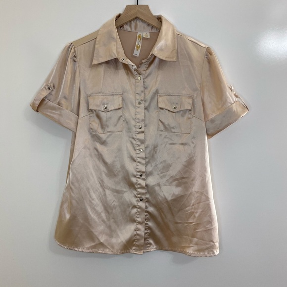 Adiva Tops - Adiva Shiny Light Gold Short Sleeve Blouse Large